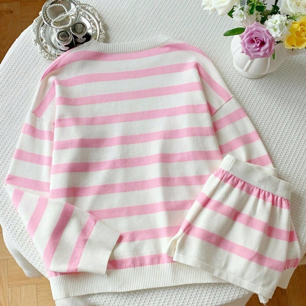 Pink & white Casual Women's Striped knit Sweater and Shorts Set - Picture 2 of 8